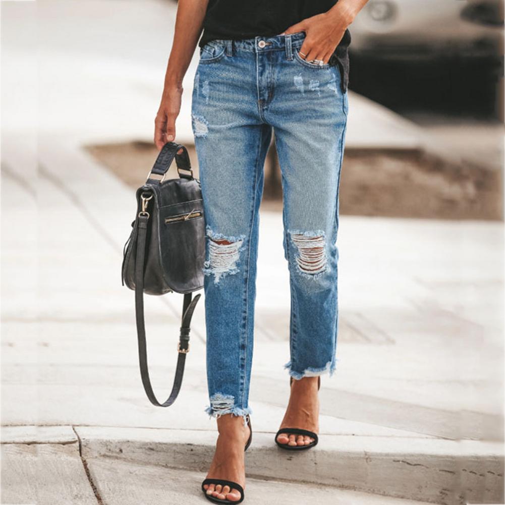 Women High Waist Jeans Ripped Holes Tassels Slimming Trousers Streetwear