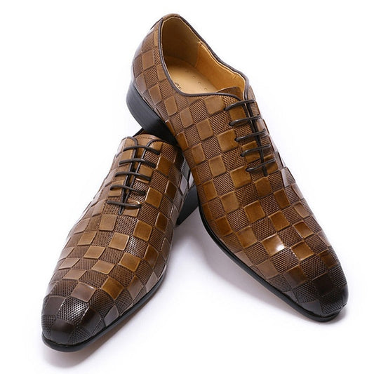 Luxury Italian Leather Dress Shoes Men Fashion Plaid Print Lace Up