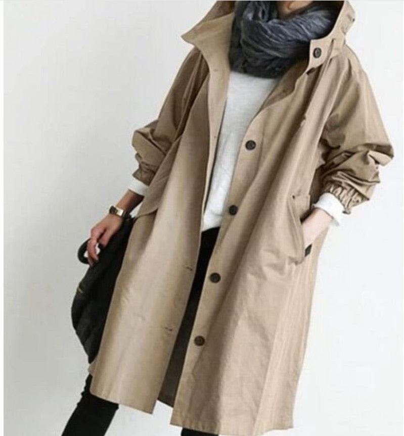 Fashion Womens Trench Coats Hooded Long Spring Autumn Windproof