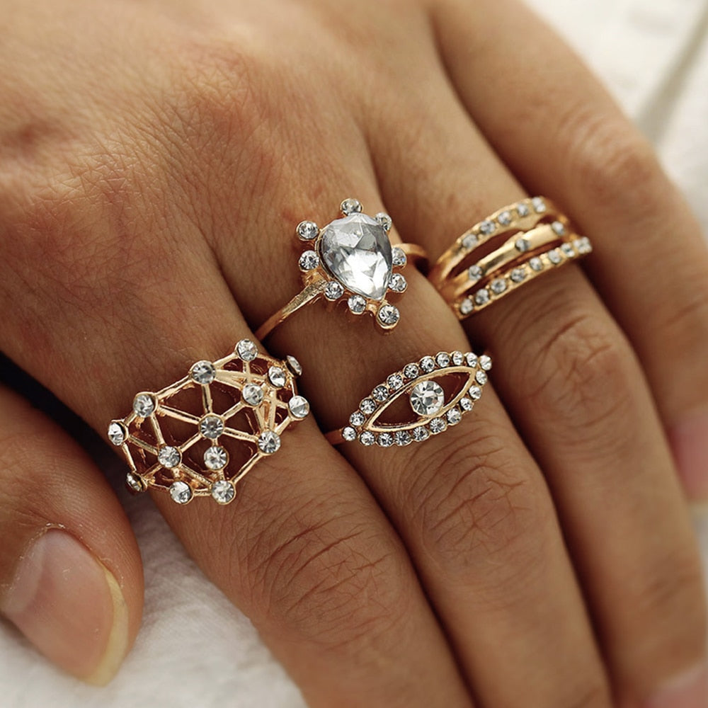 Bohemian Vintage Gold Crystal Geometric Joint Ring Set for Women Star