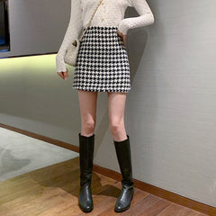 Women skirt Woolen Plaid High Waist Slim Buttocks Short Mini Woman skirts Black Beige