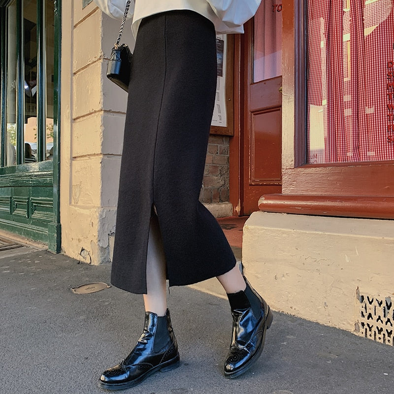 High Elastic Waist Women Long Skirt Knitted Pencil Skirt Wool Autumn Split Skirts