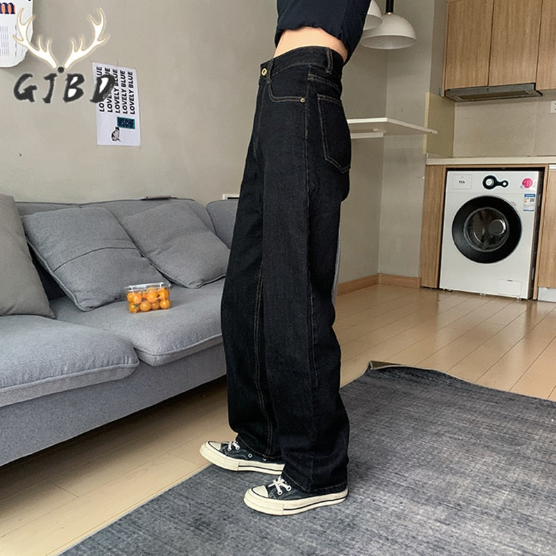 Vintage High Waist Women Black Jeans Autumn Street Wear Wide