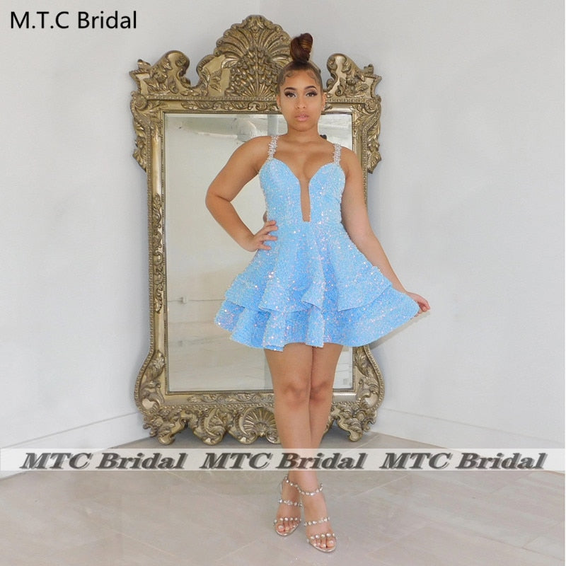 Homecoming Dresses: Light Blue Prom Dresses Sweetheart Tiered A Line Mini