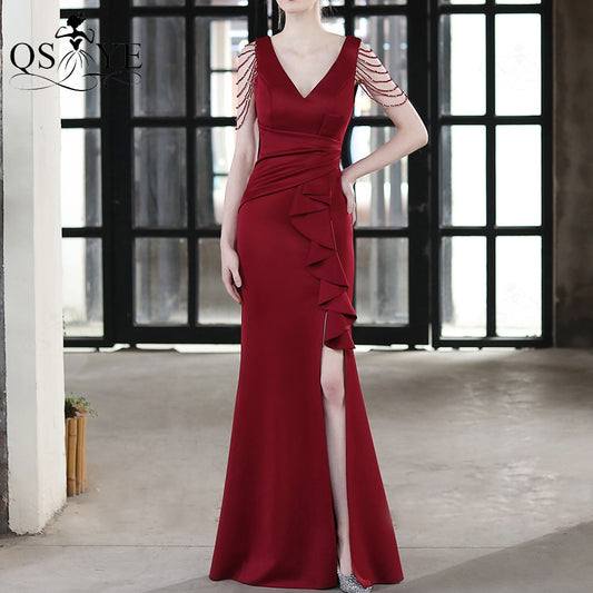 Homecoming Dresses: Prom Dress Stretch Ruffles Emerald Evening Dress V Neck Formal