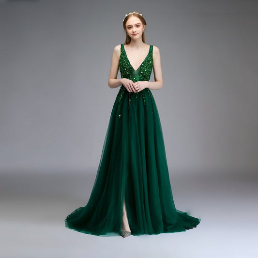 Evening wear Dresses: Evening Dress V-neck Backless Beading Tulle Long Prom Gown