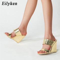 Pu Leather Women Slippers Summer Open Toe Wedge Sandals Ladies High Heels