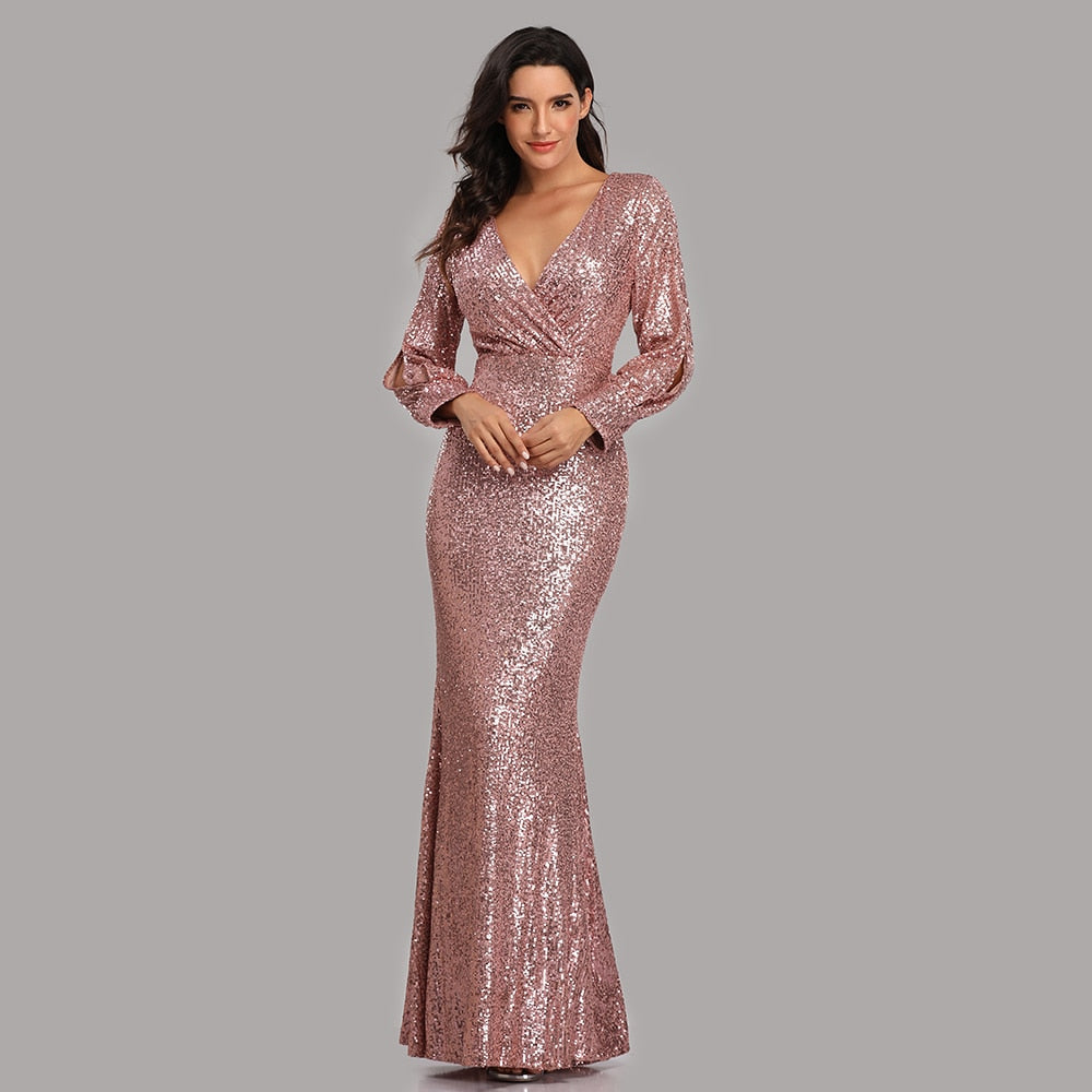V-neck Mermaid Evening Dress Long Formal Prom Party Gown Full Sequins