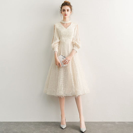 Homecoming Dresses: Champagne Long Evening Dresses V-Neck A-Line Lace Prom