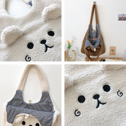 Winter Soft Plush Tote Bag Women Cartoon Embroidery Imitation