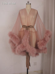 Short Feather Robe Marabou Edging Dressing Gown Bridal Boudoir Sheer