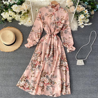 Vintage Floral Print Stand collar Chiffon Dress Spring Summer Midi Long Party