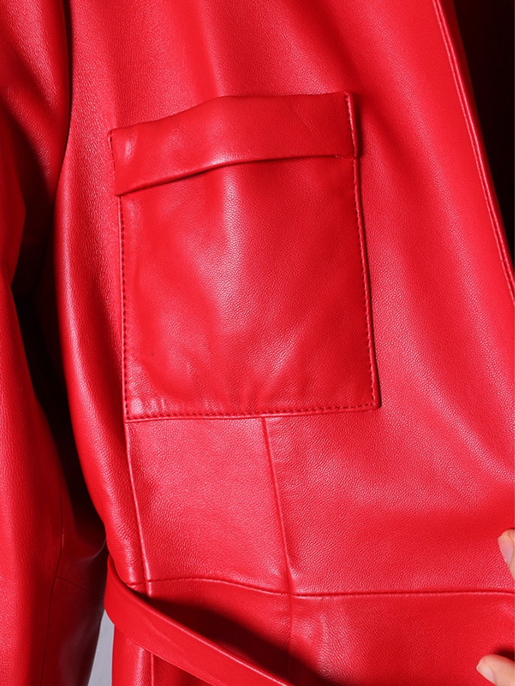 High Quality Red Black Maxi Pu Leather Trench Coat for Women Extra