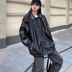 Korean Black Leather Jacket Women Winter Long Women Moto Biker