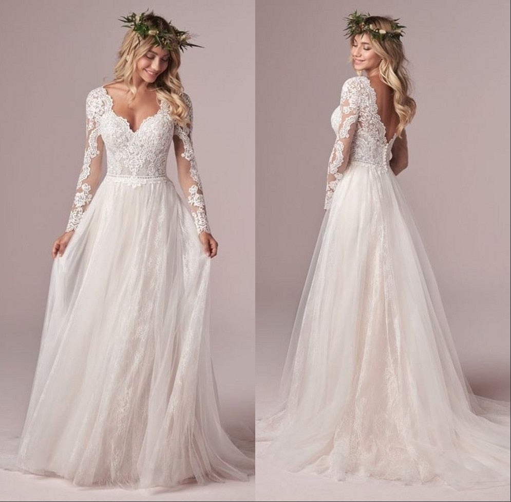 White Bridesmaid Dresses: A Line Long Sleeve Bridal Dresses Wedding Dress