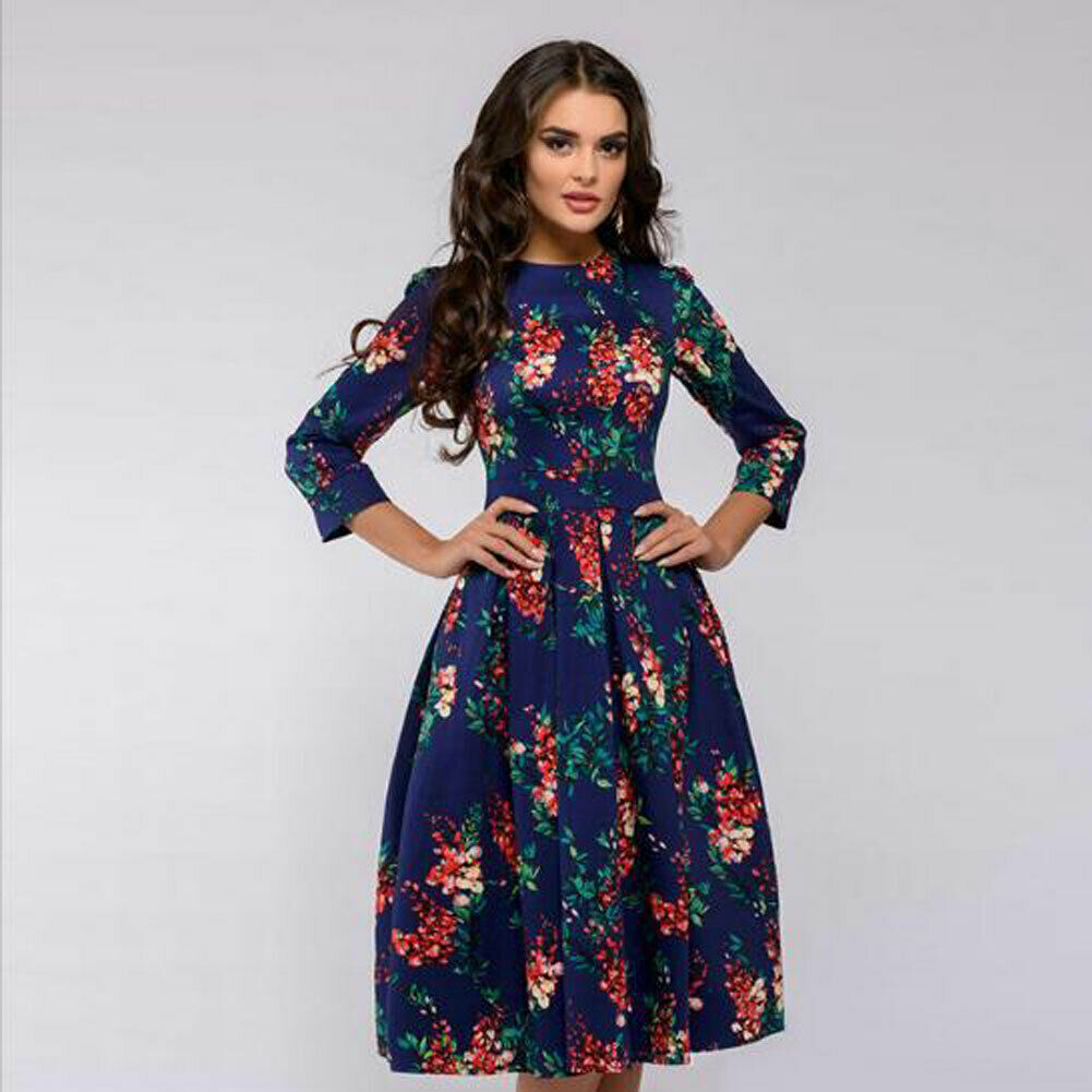 Vintage pleated tunic print dress women Elegant ladies A line dresses Long sleeve