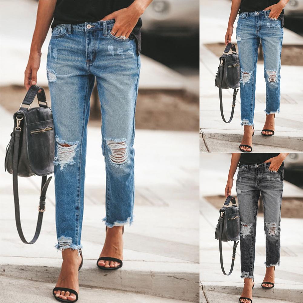 Women High Waist Jeans Ripped Holes Tassels Slimming Trousers Streetwear