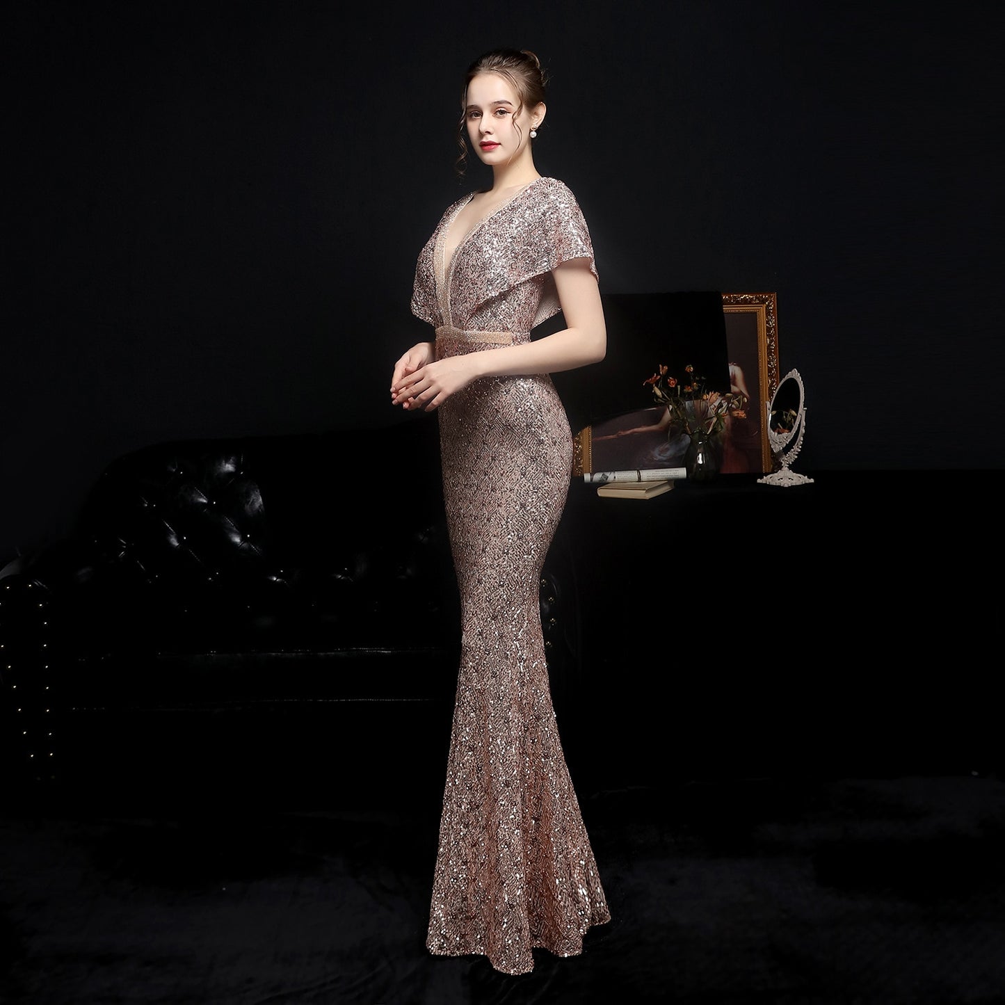 Evening wear Dresses: Elegant Gold Sequin Dress for Women Evening Dress with Beads
