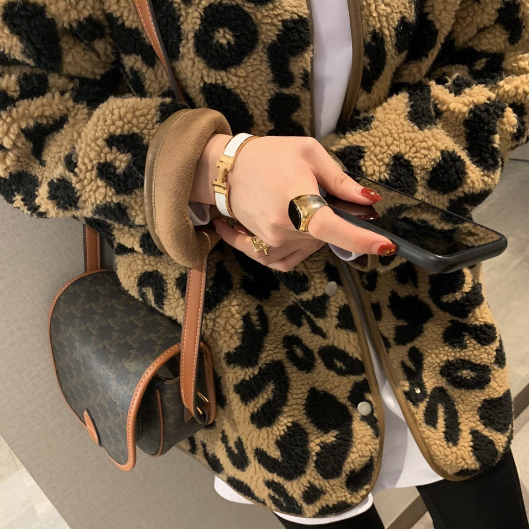 Leopard print fur one-piece short jacket women spring and autumn Coats