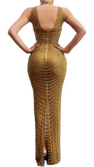 Full Gold Rhinestones Transparent Mesh Long Dress Women Birthday Celebrate