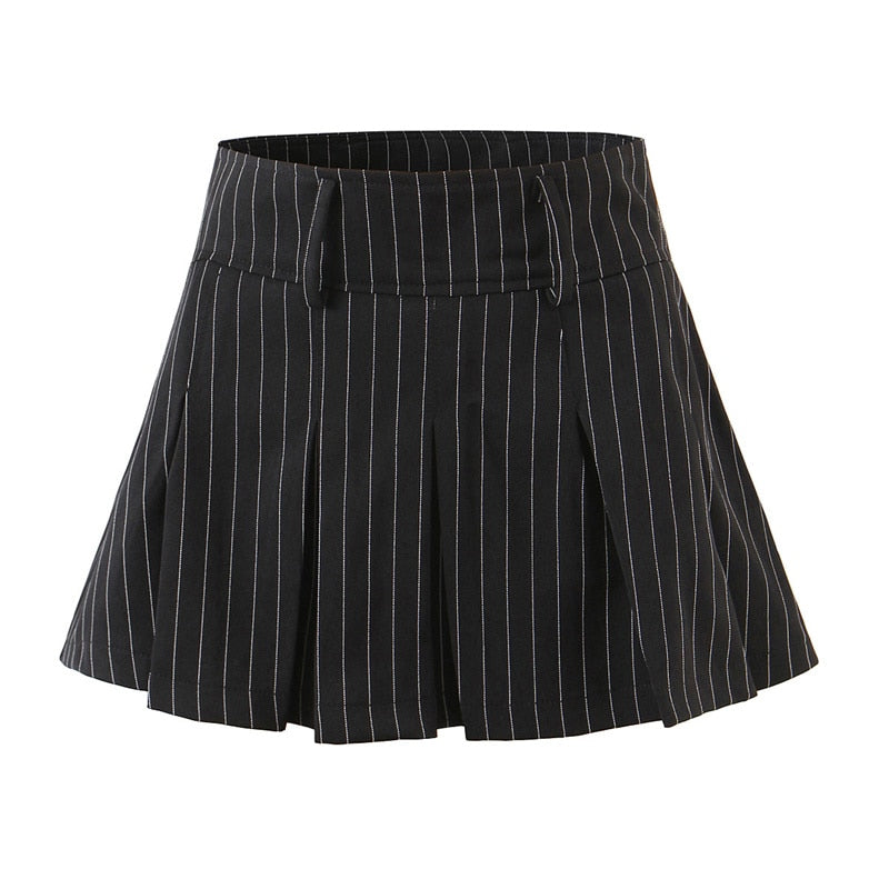 Vintage college style high waist striped pleated skirt woman slim fit kawaii short