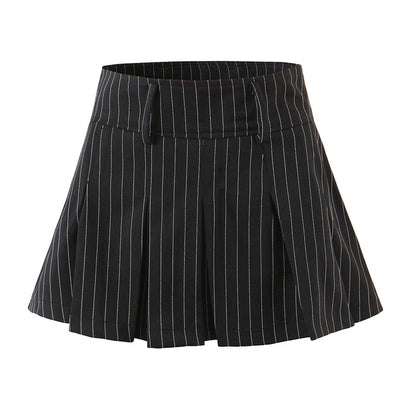 Vintage college style high waist striped pleated skirt woman slim fit kawaii short