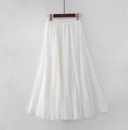 Cotton Linen Maxi Skirt Womens Casual Elastic High Waist Pleated