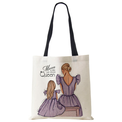 Cute Cartoon Super Mama Print Linen Tote Bag Reusable Shoulder Bags Mom