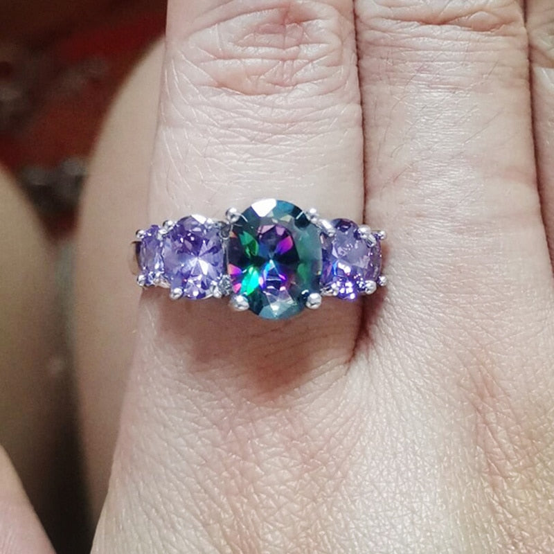 Luxurious Mystery Stone Ring Silver Plated Rainbow Fashion Jewelry Ring