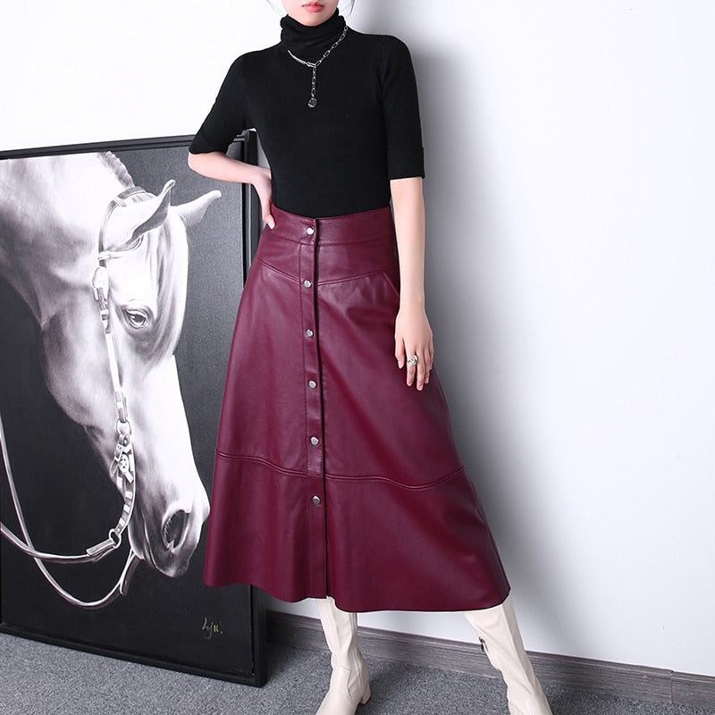 Women Maxi Skirt Femme Genuine Leather Side Pocket Buttons A-line