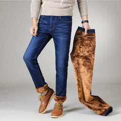 Men's Warm Jeans Business Casual Elasticity Thick Slim Denim Pants