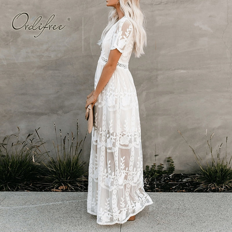 Summer Boho Women Maxi Dress Loose Embroidery White Lace Long