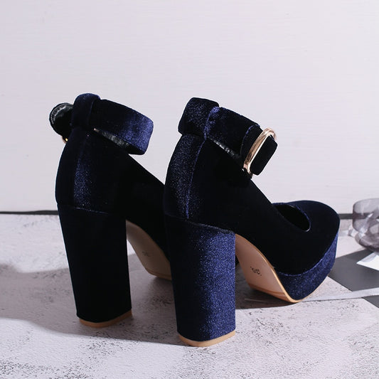 Fashion Velvet High Heels Shoes Female Straps Black Blue Womens