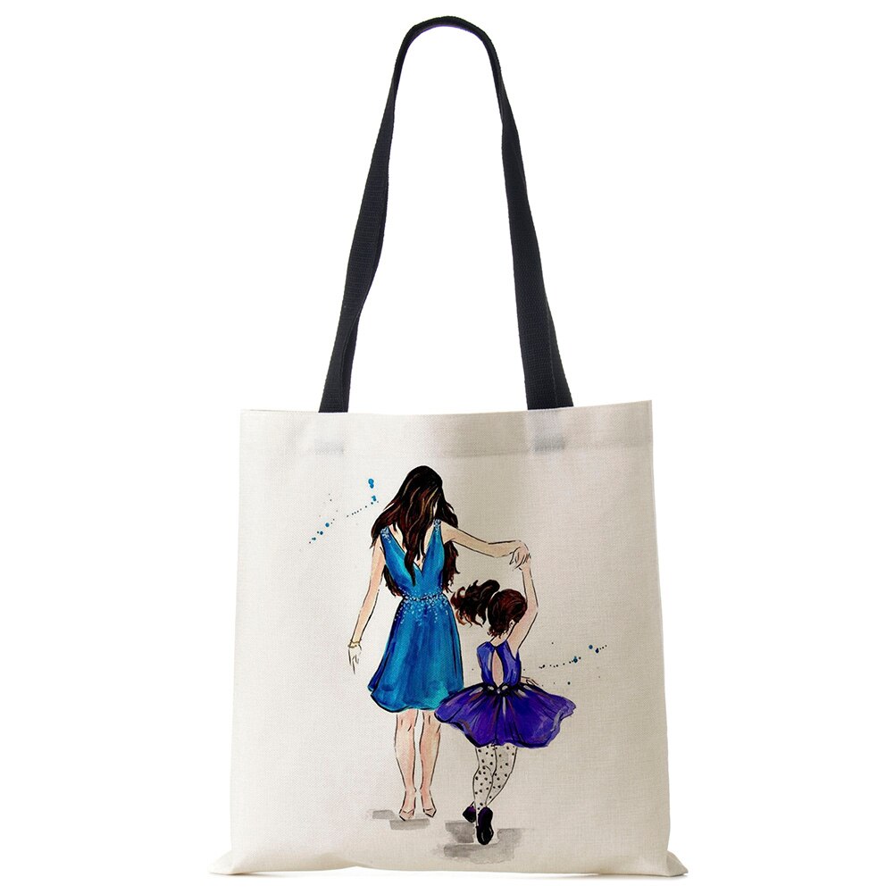 Cute Cartoon Super Mama Print Linen Tote Bag Reusable Shoulder Bags Mom