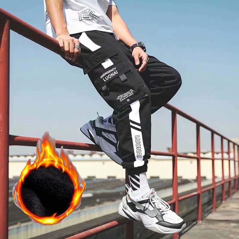 Winter Men Plus Velvet Cargo Pants Multi-pocket Harem Pants Joggers Men
