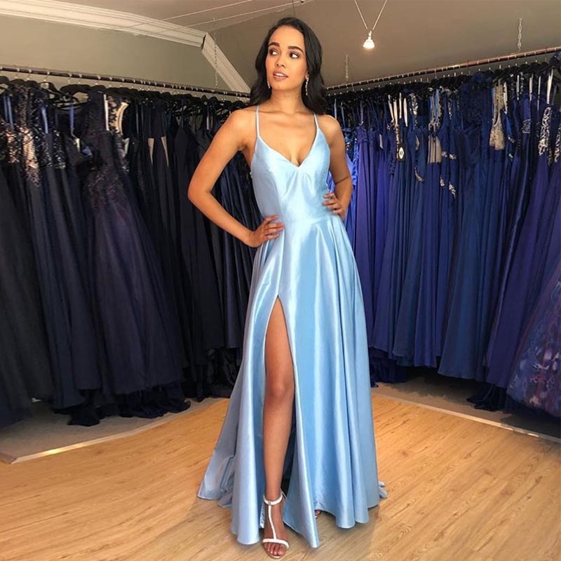 Homecoming Dresses: Evening Dress Light Sky Blue Satin Criss cross