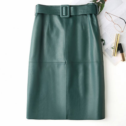 Women Lace-up Genuine Leather Skirt Female Winter Pure Knee Length