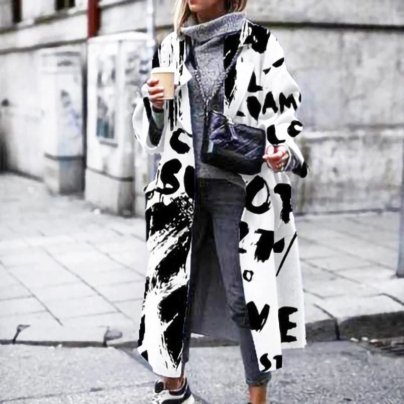 Fall Winter Elegant Women Fashion Lapel Collar Button Long Tops Outwear