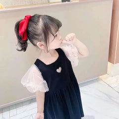 Summer Girls Dress Net Yarn Stitching Puff Sleeve Splicing Love Sweet Princess