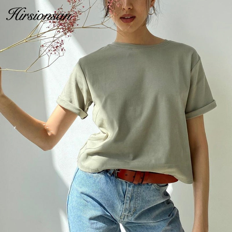 Hirsionsan 100% Cotton Oversized T Shirt Women Harajuku Basic Loose Short Sleeve Tees Soft Female Solid Tops Khaki Summer Jumper