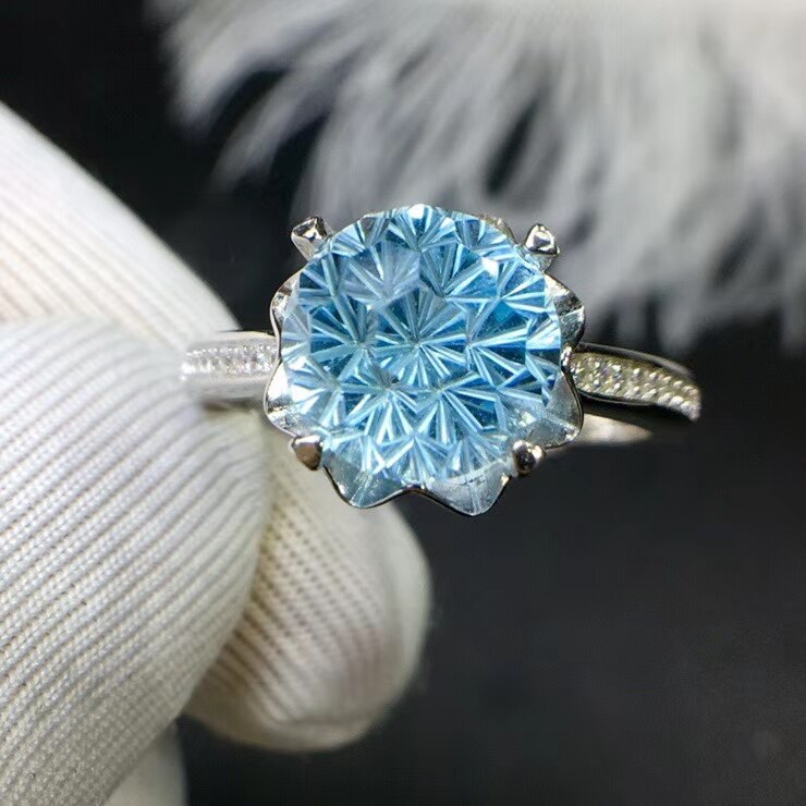 Genuine Natural Blue Topaz Gemstone Women Men Faceted Adjustable Ring
