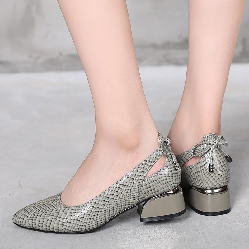 Women Pumps Concise Serpentine Genuine Leather Pointed Toe Shoes Thick Heel