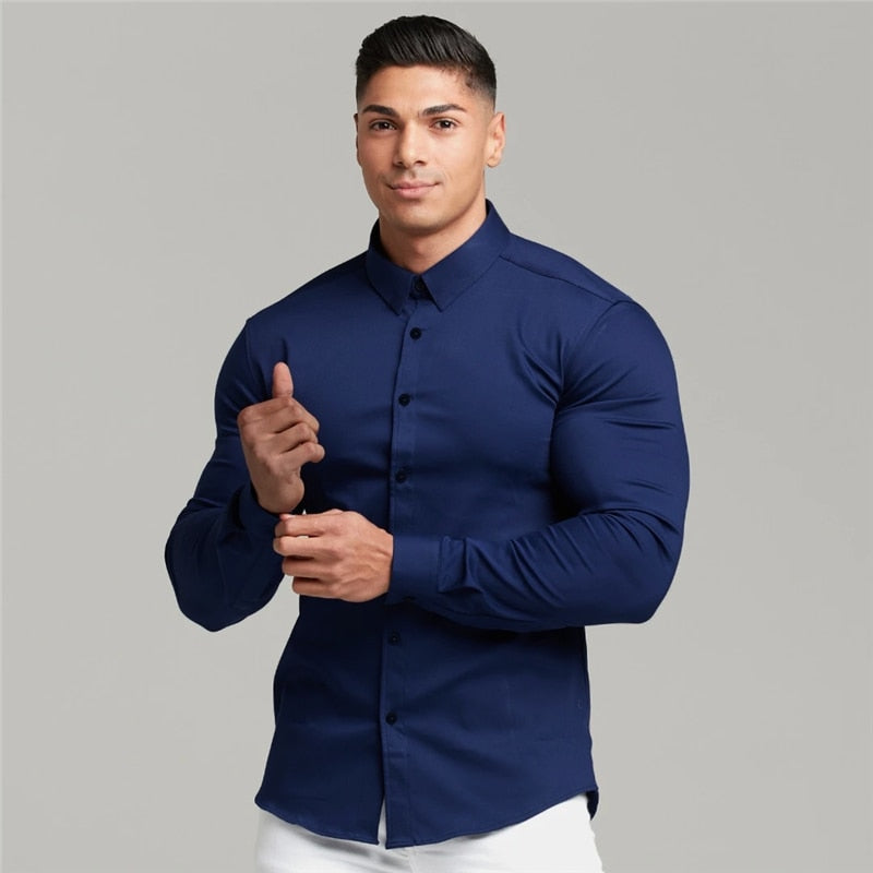 Men Fashion Casual long Sleeve Solid Shirt Super Slim Fit Male