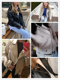 Spring Autumn Soft Faux Leather Short Jacket with Belt Women