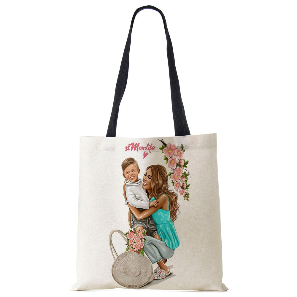 Cute Cartoon Super Mama Print Linen Tote Bag Reusable Shoulder Bags Mom