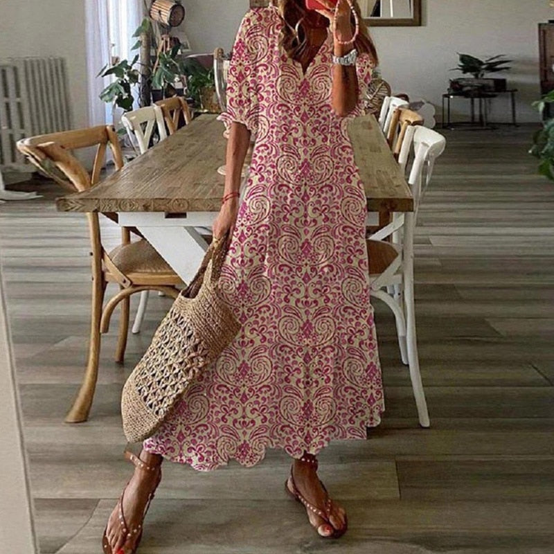 Women Elegant V-Neck Summer Dresses Casual Short Sleeve Dresses