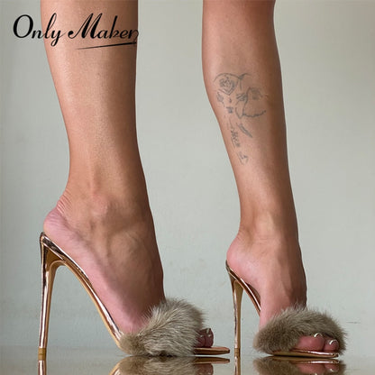 Peep Toe Mules Artificial Fur Slip On Gold White Thin High Sandals