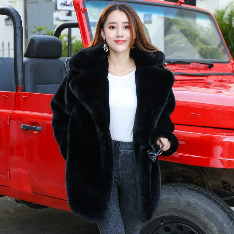 Winter Women High Quality Faux Rabbit Fur Coat Luxury Fur Coat Loose Lapel Over Coat
