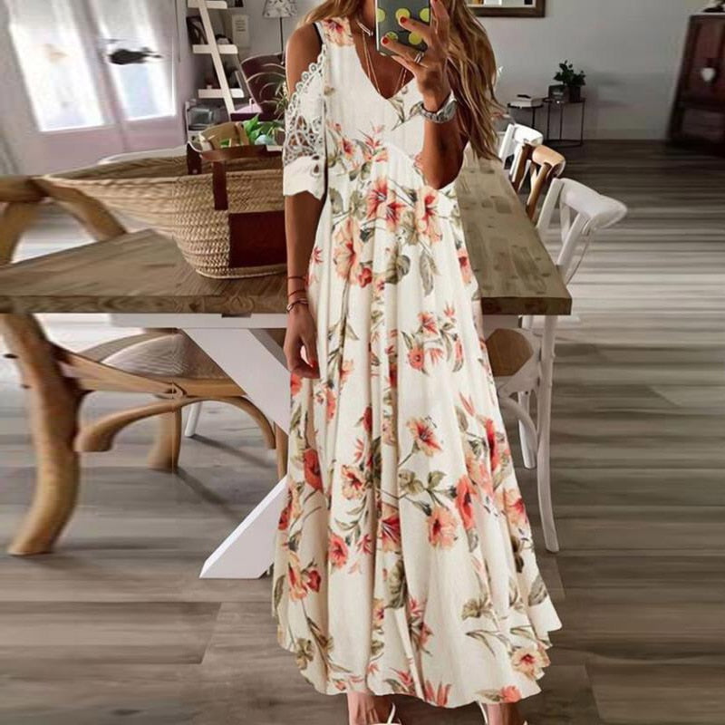 Women Elegant V-Neck Summer Dresses Casual Short Sleeve Dresses