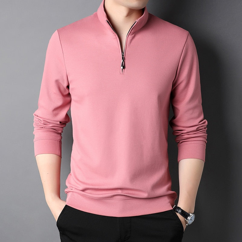 Fashion Brand Luxury Zipper Polo Shirt Men Casual Plain Korean Solid Color Long